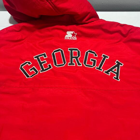 Starter Georgia Bulldogs Jacket L Vintage 90s Hooded Spellout Red Distressed - Picture 10 of 15